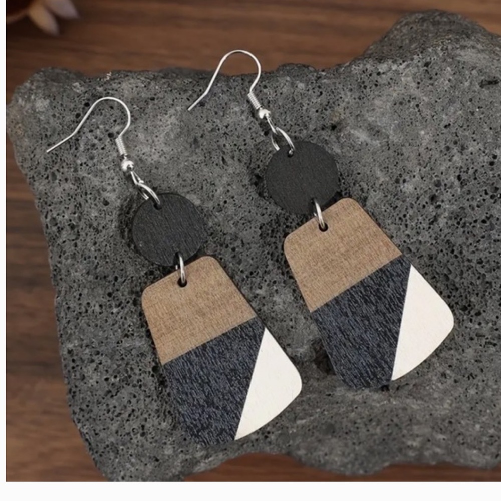 Bohemian Tri Color Wood Earrings - Picture 3 of 4